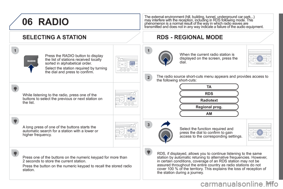 Peugeot Expert VU 2012 Owners Manual 9.67
06
3 2 1 1
SELECTING A STATION
When the current radio station isdisplayed on the screen, press thedial.
The radio source short-cuts menu appears and provides access to
t Peugeot Expert VU 2012 Owners Manual 9.67
06
3 2 1 1
SELECTING A STATION
When the current radio station isdisplayed on the screen, press thedial.
The radio source short-cuts menu appears and provides access to
t