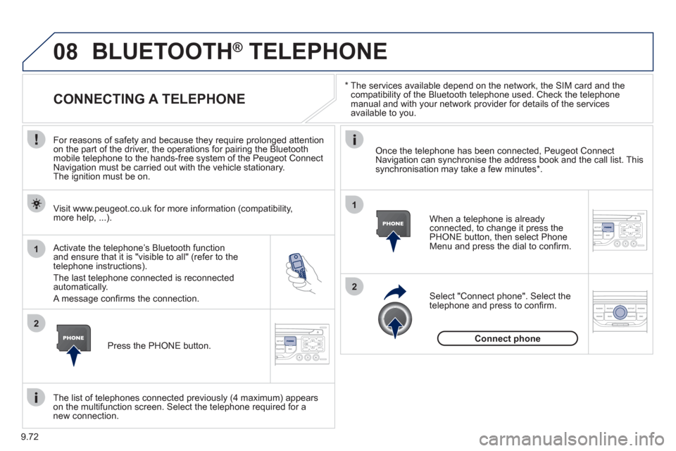 Peugeot Expert VU 2012 Owners Manual 9.72
08
1
2
2
1
*
The services available depend on the network, the SIM card and the compatibility of the Bluetooth telephone used. Check the telephone manual and with your network provider fo Peugeot Expert VU 2012 Owners Manual 9.72
08
1
2
2
1
*
The services available depend on the network, the SIM card and the compatibility of the Bluetooth telephone used. Check the telephone manual and with your network provider fo