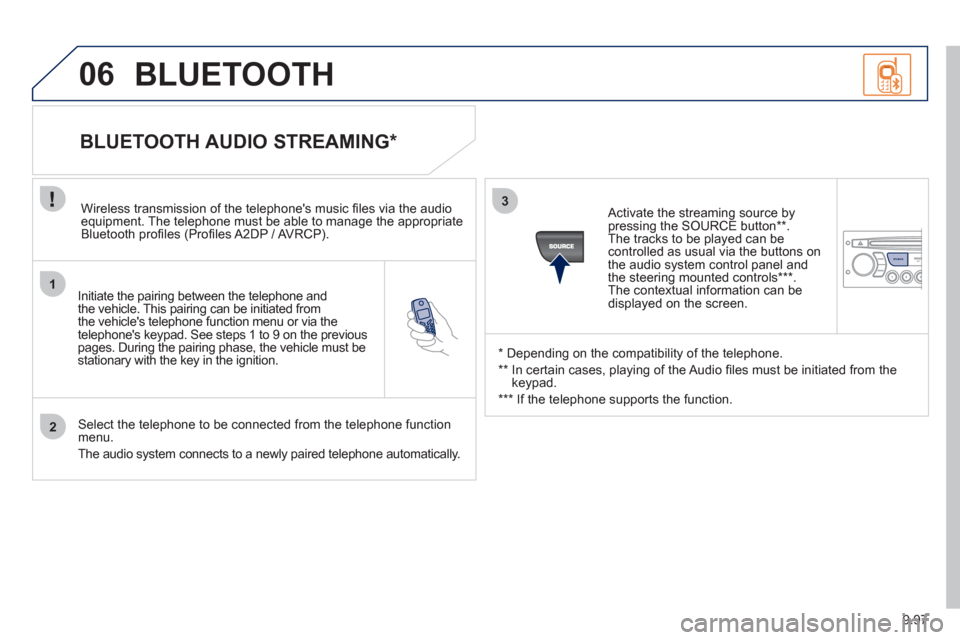 Peugeot Expert VU 2012 Owners Manual 9.97
1
2
3
SOURCE
06
Initiate the pairing between the telephone and
the vehicle. This pairing can be initiated from
the vehicles telephone function menu or via the
telephones ke
ypad. See steps Peugeot Expert VU 2012 Owners Manual 9.97
1
2
3
SOURCE
06
Initiate the pairing between the telephone and
the vehicle. This pairing can be initiated from
the vehicles telephone function menu or via the
telephones ke
ypad. See steps