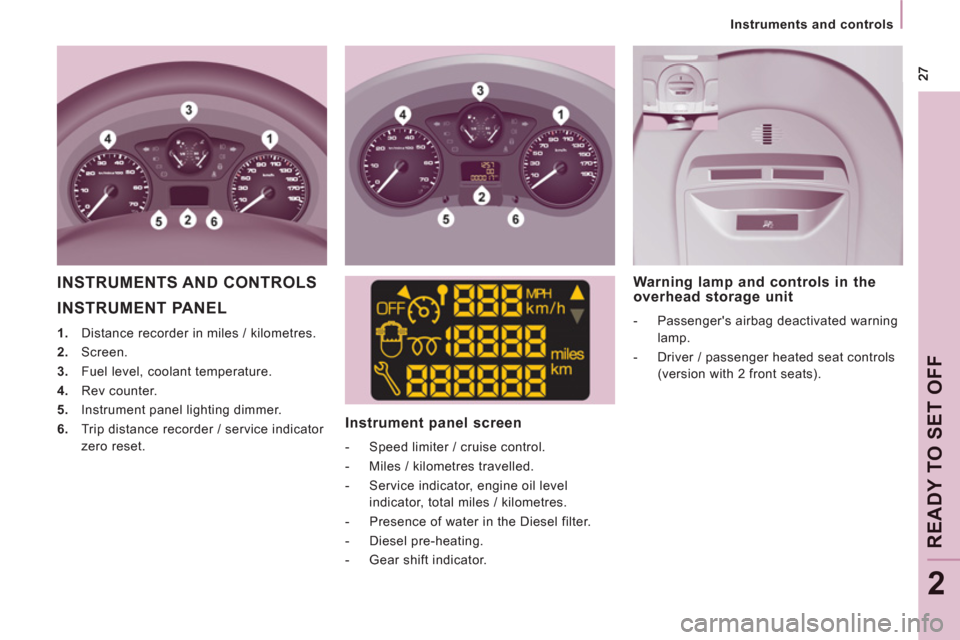 Peugeot Expert VU 2012 Owners Manual
Instruments and controls
READY TO SET OFF
2
INSTRUMENT PANEL
1.
Distance recorder in miles / kilometres.
2.
Screen.
3.
Fuel level, coolant temperature.
4.
Re Peugeot Expert VU 2012 Owners Manual
Instruments and controls
READY TO SET OFF
2
INSTRUMENT PANEL
1.
Distance recorder in miles / kilometres.
2.
Screen.
3.
Fuel level, coolant temperature.
4.
Re