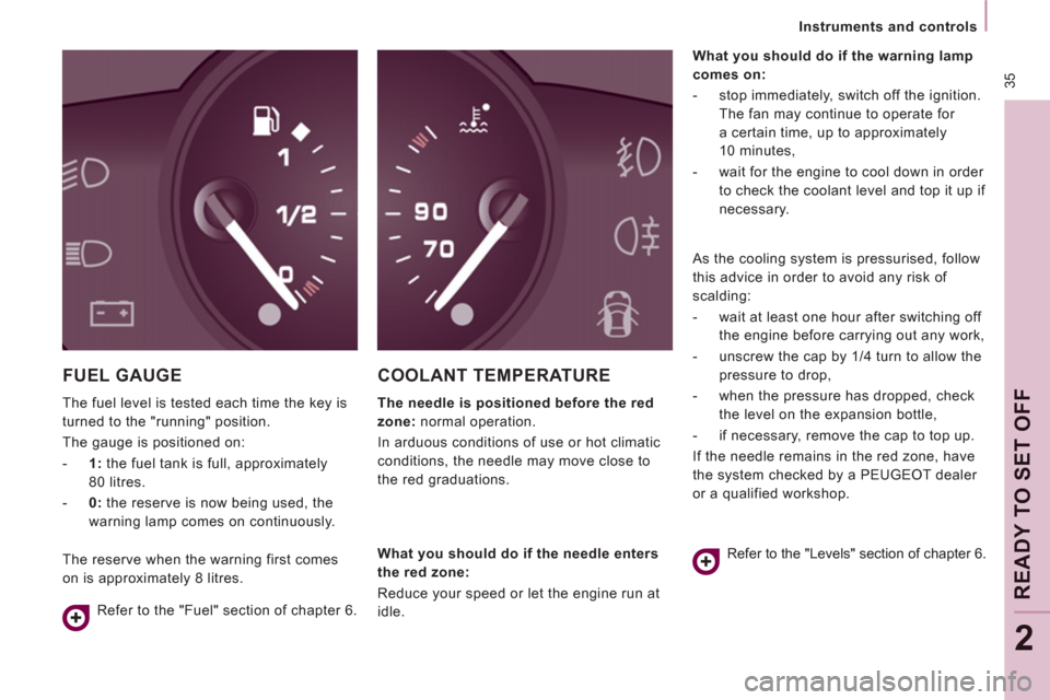 Peugeot Expert VU 2012 Owners Guide 35
Instruments and controls
READY TO SET OFF
2
FUEL GAUGE
The fuel level is tested each time the key is
turned to the "running" position.
The gauge is positioned on:
- 1: Peugeot Expert VU 2012 Owners Guide 35
Instruments and controls
READY TO SET OFF
2
FUEL GAUGE
The fuel level is tested each time the key is
turned to the "running" position.
The gauge is positioned on:
- 1: