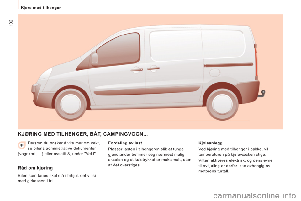 Peugeot Expert VU 2012  Brukerhåndbok (in Norwegian) 102
   
 
Kjøre med tilhenger  
 
  Dersom du ønsker å vite mer om vekt, 
se bilens administrative dokumenter 
(vognkort, ...) eller avsnitt 8, under "Vekt". 
  KJØRING MED TILHENGER, BÅT, CAMPIN