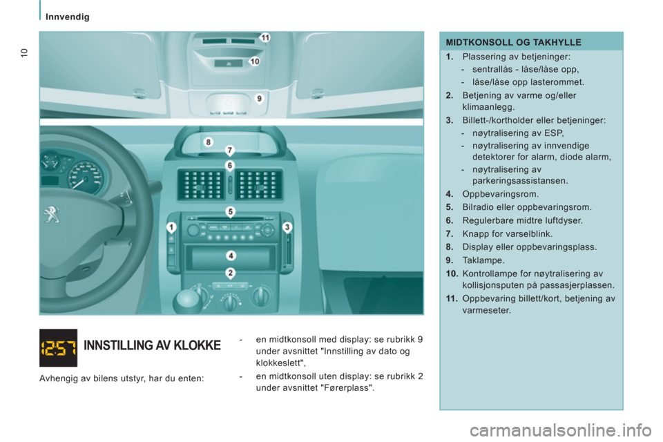 Peugeot Expert VU 2012  Brukerhåndbok (in Norwegian)    
 
Innvendig  
 
10 
 
MIDTKONSOLL OG TAKHYLLE 
   
 
1. 
 Plassering av betjeninger: 
   
 
-   sentrallås - låse/låse opp, 
   
-  låse/låse opp lasterommet.  
   
2. 
  Betjening av varme o