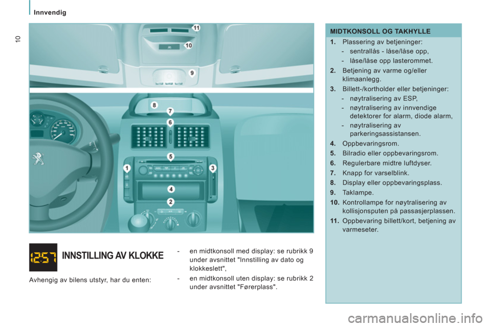 Peugeot Expert VU 2012 Brukerhåndbok (in Norwegian)
Innvendig
10
MIDTKONSOLL OG TAKHYLLE
1.
Plassering av betjeninger:
- sentrallås - låse/låse opp,
- låse/låse opp lasterommet.
2.
Betjening av varme o Peugeot Expert VU 2012 Brukerhåndbok (in Norwegian)
Innvendig
10
MIDTKONSOLL OG TAKHYLLE
1.
Plassering av betjeninger:
- sentrallås - låse/låse opp,
- låse/låse opp lasterommet.
2.
Betjening av varme o