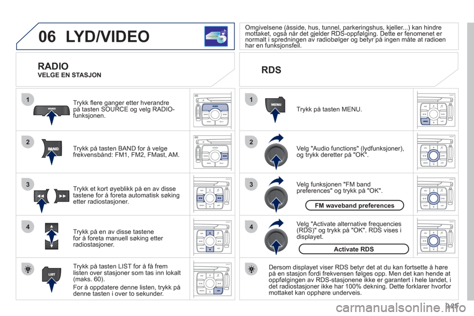 Peugeot Expert VU 2012 Brukerhåndbok (in Norwegian) 9.25
06
1
2
4
3
1
2
4
3
LYD/VIDEO
RADIO
Trykk på tasten BAND for å velge
frekvensbånd: FM1, FM2, FMast, AM. Tr
ykk fl ere ganger etter hverandre
på tasten SOURCE og velg RADIO-funksjonen.
T Peugeot Expert VU 2012 Brukerhåndbok (in Norwegian) 9.25
06
1
2
4
3
1
2
4
3
LYD/VIDEO
RADIO
Trykk på tasten BAND for å velge
frekvensbånd: FM1, FM2, FMast, AM. Tr
ykk fl ere ganger etter hverandre
på tasten SOURCE og velg RADIO-funksjonen.
T