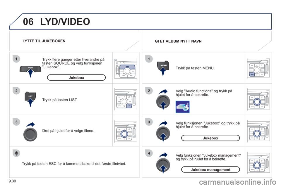 Peugeot Expert VU 2012 Brukerhåndbok (in Norwegian) 9.30
06
1
2
3
4
1
2
3
LYD/VIDEO
Ve lg "Audio functions" og trykk på hjulet for å bekrefte. Tr
ykk på tasten MENU. GI ET ALBUM NYTT NAVN
Ve l
g funksjonen "Jukebox" og trykk på hjulet for å Peugeot Expert VU 2012 Brukerhåndbok (in Norwegian) 9.30
06
1
2
3
4
1
2
3
LYD/VIDEO
Ve lg "Audio functions" og trykk på hjulet for å bekrefte. Tr
ykk på tasten MENU. GI ET ALBUM NYTT NAVN
Ve l
g funksjonen "Jukebox" og trykk på hjulet for å