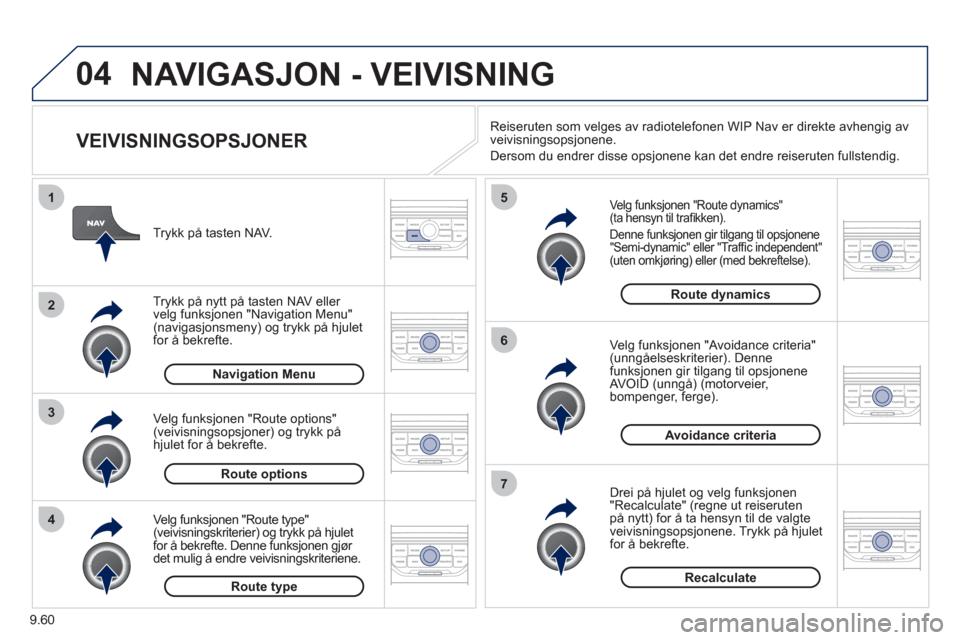 Peugeot Expert VU 2012 Brukerhåndbok (in Norwegian) 9.60
04
4
3
2
1
7
6
5
NAVIGASJON - VEIVISNING
VEIVISNINGSOPSJONER
Velg funksjonen "Route dynamics"(ta hensyn til trafi kken).
Denne
funksjonen gir tilgang til opsjonene
"Semi-dynamic" eller Peugeot Expert VU 2012 Brukerhåndbok (in Norwegian) 9.60
04
4
3
2
1
7
6
5
NAVIGASJON - VEIVISNING
VEIVISNINGSOPSJONER
Velg funksjonen "Route dynamics"(ta hensyn til trafi kken).
Denne
funksjonen gir tilgang til opsjonene
"Semi-dynamic" eller