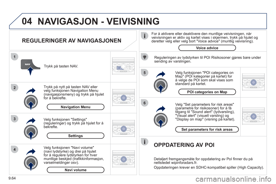 Peugeot Expert VU 2012 Brukerhåndbok (in Norwegian) 9.64
04
5
6
3 2 1
4
REGULERINGER AV NAVIGASJONEN
Ve lg "Set parameters for risk areas"(parametre for risikosoner) for å få
tilgang til "Sound alert" (lydvarsling), "Visual alert" (visuell v Peugeot Expert VU 2012 Brukerhåndbok (in Norwegian) 9.64
04
5
6
3 2 1
4
REGULERINGER AV NAVIGASJONEN
Ve lg "Set parameters for risk areas"(parametre for risikosoner) for å få
tilgang til "Sound alert" (lydvarsling), "Visual alert" (visuell v