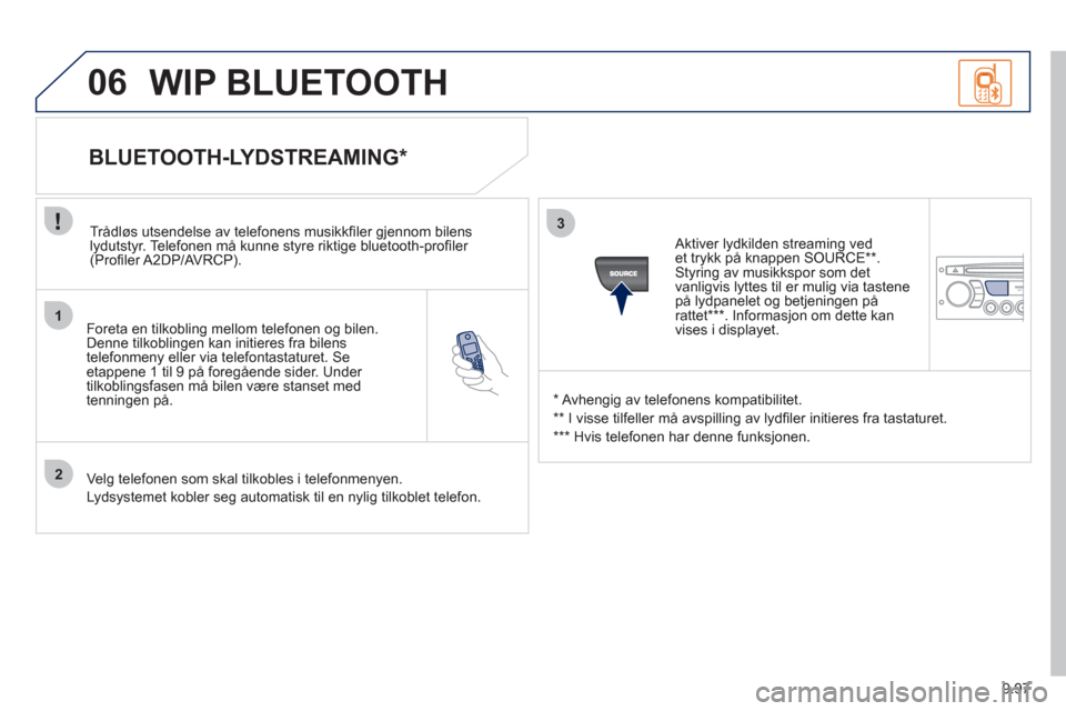 Peugeot Expert VU 2012 Brukerhåndbok (in Norwegian) 9.97
1
2
3
06
Foreta en tilkobling mellom telefonen og bilen.Denne tilkoblingen kan initieres fra bilens
telefonmeny eller via telefontastaturet. Seetappene 1 til 9 på foregående sider. Under
Peugeot Expert VU 2012 Brukerhåndbok (in Norwegian) 9.97
1
2
3
06
Foreta en tilkobling mellom telefonen og bilen.Denne tilkoblingen kan initieres fra bilens
telefonmeny eller via telefontastaturet. Seetappene 1 til 9 på foregående sider. Under