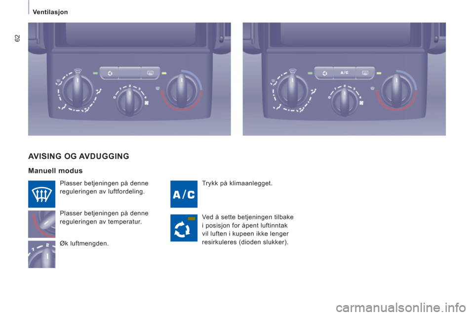 Peugeot Expert VU 2012 Brukerhåndbok (in Norwegian) 62
Ventilasjon
Trykk på klimaanlegget.
Plasser betjeningen på denne
reguleringen av luftfordeling.
Plasser betjeningen på denne
reguleringen av temperatur.
Øk luftmengden.
AVISING Peugeot Expert VU 2012 Brukerhåndbok (in Norwegian) 62
Ventilasjon
Trykk på klimaanlegget.
Plasser betjeningen på denne
reguleringen av luftfordeling.
Plasser betjeningen på denne
reguleringen av temperatur.
Øk luftmengden.
AVISING