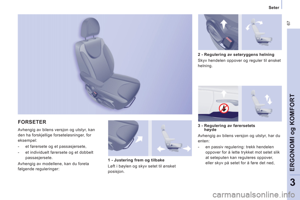 Peugeot Expert VU 2012 Brukerhåndbok (in Norwegian) 67
Seter
ERGONOMI
og
KOMFOR
T
3
FORSETER
Avhengig av bilens versjon og utstyr, kan
den ha forsk
jellige forseteløsninger, for
eksempel:
- et førersete og et passasjersete,
- Peugeot Expert VU 2012 Brukerhåndbok (in Norwegian) 67
Seter
ERGONOMI
og
KOMFOR
T
3
FORSETER
Avhengig av bilens versjon og utstyr, kan
den ha forsk
jellige forseteløsninger, for
eksempel:
- et førersete og et passasjersete,
-