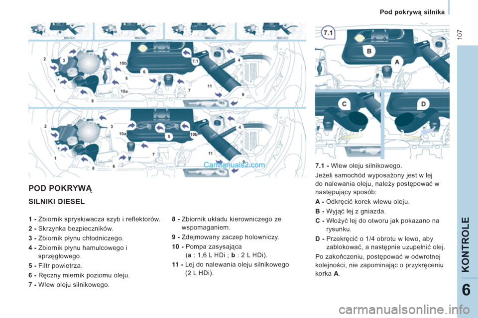 Peugeot Expert VU 2012 Instrukcja Obsługi (in Polish) 10
7
Pod pokrywą silnika
KONTROLE
6
SILNIKI DIESEL
8 -
Zbiornik układu kierowniczego ze
wspomaganiem.
9 -
Zdejmowany zaczep holowniczy.
10 -
Pompa zasysająca
( Peugeot Expert VU 2012 Instrukcja Obsługi (in Polish) 10
7
Pod pokrywą silnika
KONTROLE
6
SILNIKI DIESEL
8 -
Zbiornik układu kierowniczego ze
wspomaganiem.
9 -
Zdejmowany zaczep holowniczy.
10 -
Pompa zasysająca
(