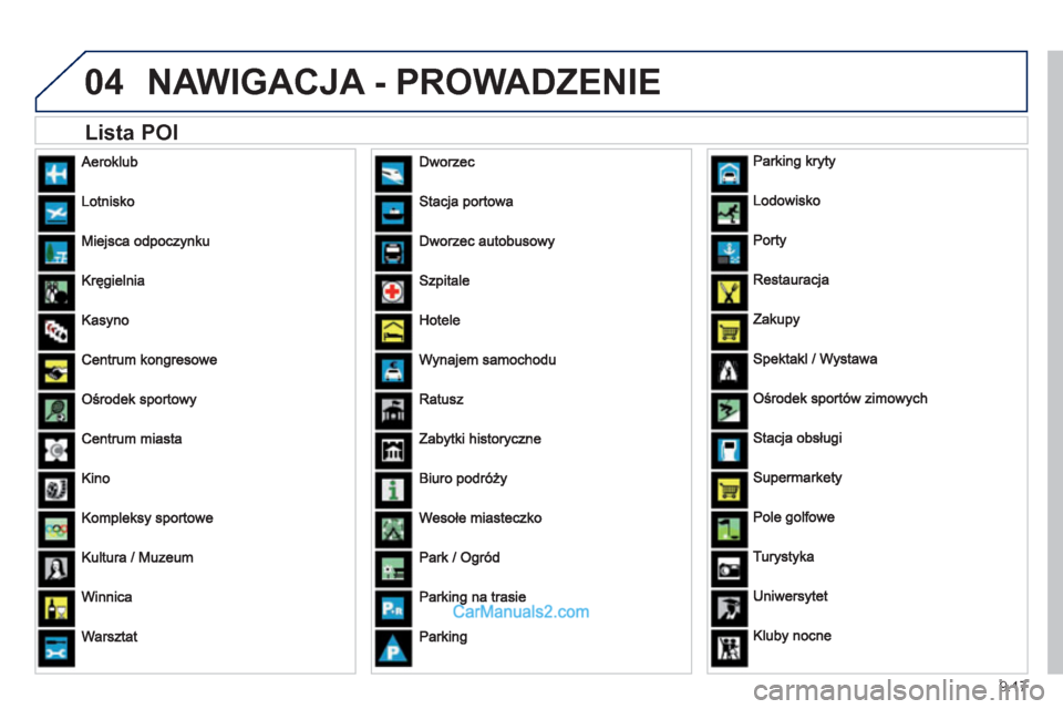 Peugeot Expert VU 2012 Instrukcja Obsługi (in Polish) 9.17
04NAWIGACJA - PROWADZENIE
Lista POI Peugeot Expert VU 2012 Instrukcja Obsługi (in Polish) 9.17
04NAWIGACJA - PROWADZENIE
Lista POI