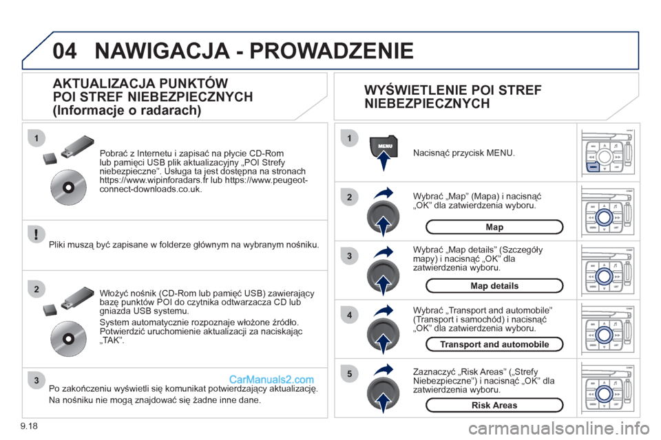 Peugeot Expert VU 2012 Instrukcja Obsługi (in Polish) 9.18
04
1
2
3
5
4
1
2
3
NAWIGACJA - PROWADZENIE
Wybrać „Map” (Mapa) i nacisnąć
„OK” dla zatwierdzenia wyboru. Nacisną
ć przycisk MENU.
W
ybrać „Transport and automobile” (Transpo Peugeot Expert VU 2012 Instrukcja Obsługi (in Polish) 9.18
04
1
2
3
5
4
1
2
3
NAWIGACJA - PROWADZENIE
Wybrać „Map” (Mapa) i nacisnąć
„OK” dla zatwierdzenia wyboru. Nacisną
ć przycisk MENU.
W
ybrać „Transport and automobile” (Transpo