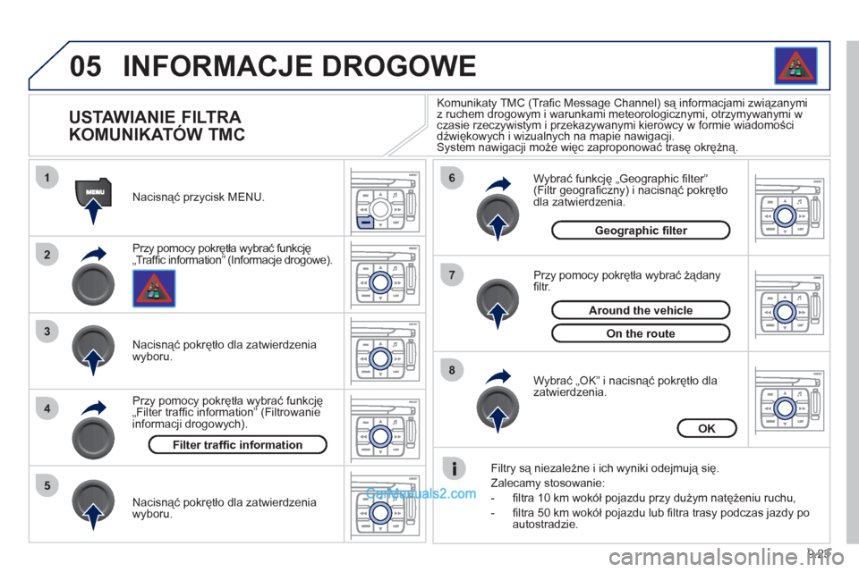 Peugeot Expert VU 2012 Instrukcja Obsługi (in Polish) 9.23
05
1
2
3
5
6
7
8
4
INFORMACJE DROGOWE
USTAWIANIE FILTRA
KOMUNIKATÓW TMC
Przy pomocy pokrętła wybrać funkcję
„Traffi c information” (Informacje drogowe). Nacisnąć Peugeot Expert VU 2012 Instrukcja Obsługi (in Polish) 9.23
05
1
2
3
5
6
7
8
4
INFORMACJE DROGOWE
USTAWIANIE FILTRA
KOMUNIKATÓW TMC
Przy pomocy pokrętła wybrać funkcję
„Traffi c information” (Informacje drogowe). Nacisnąć