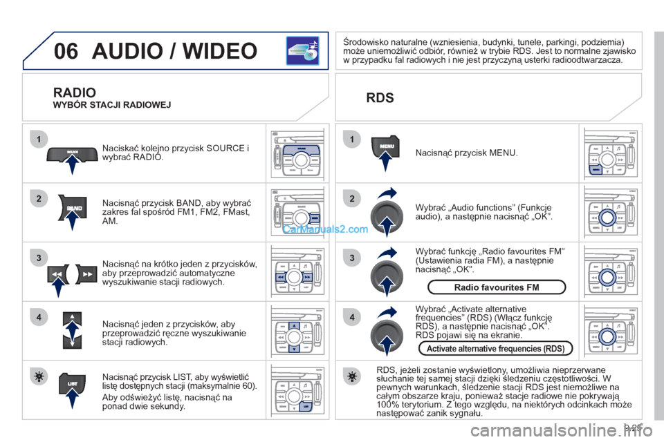 Peugeot Expert VU 2012 Instrukcja Obsługi (in Polish) 9.25
06
1
2
4
3
1
2
4
3
AUDIO / WIDEO
RADIO
Nacisnąć przycisk BAND, aby wybrać
zakres fal spośród FM1, FM2, FMast,
AM. Naciskać kole
jno przycisk SOURCE i
wybrać RADIO.
Nacisnąć prz Peugeot Expert VU 2012 Instrukcja Obsługi (in Polish) 9.25
06
1
2
4
3
1
2
4
3
AUDIO / WIDEO
RADIO
Nacisnąć przycisk BAND, aby wybrać
zakres fal spośród FM1, FM2, FMast,
AM. Naciskać kole
jno przycisk SOURCE i
wybrać RADIO.
Nacisnąć prz