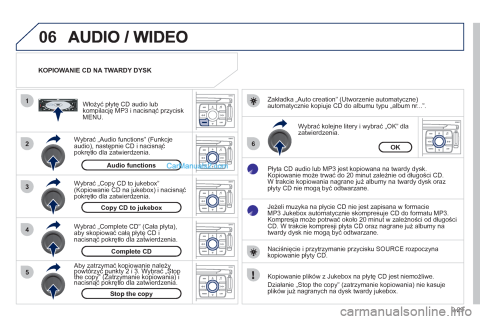 Peugeot Expert VU 2012 Instrukcja Obsługi (in Polish) 9.29
06
1
2
4
3
6
5
KOPIOWANIE CD NA TWARDY DYSK
W
ybrać „Audio functions” (Funkcjeaudio), następnie CD i nacisnąć
pokrętło dla zatwierdzenia.
Włożyć płytę
CD audio lub
kompilac Peugeot Expert VU 2012 Instrukcja Obsługi (in Polish) 9.29
06
1
2
4
3
6
5
KOPIOWANIE CD NA TWARDY DYSK
W
ybrać „Audio functions” (Funkcjeaudio), następnie CD i nacisnąć
pokrętło dla zatwierdzenia.
Włożyć płytę
CD audio lub
kompilac
