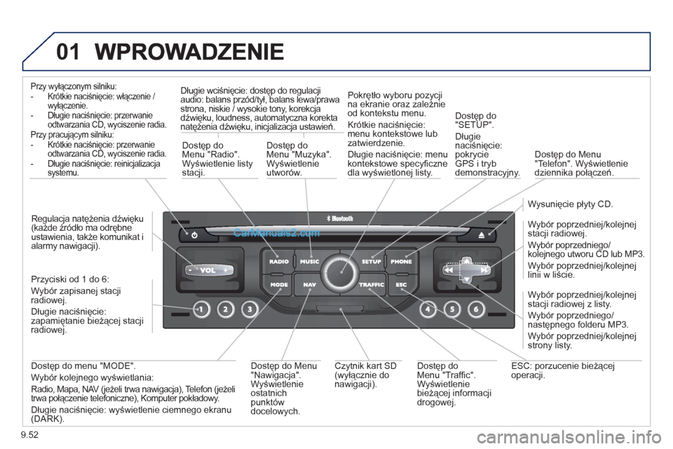 Peugeot Expert VU 2012 Instrukcja Obsługi (in Polish) 9.52
01
Przy wyłączonym silniku:
- Krótkie naciśnięcie: włączenie /
wyłączenie.
- Długie naciśnięcie: przerwanie
odtwarzania CD, w
yciszenie radia.Przy pracującym silniku:
- Krótki Peugeot Expert VU 2012 Instrukcja Obsługi (in Polish) 9.52
01
Przy wyłączonym silniku:
- Krótkie naciśnięcie: włączenie /
wyłączenie.
- Długie naciśnięcie: przerwanie
odtwarzania CD, w
yciszenie radia.Przy pracującym silniku:
- Krótki