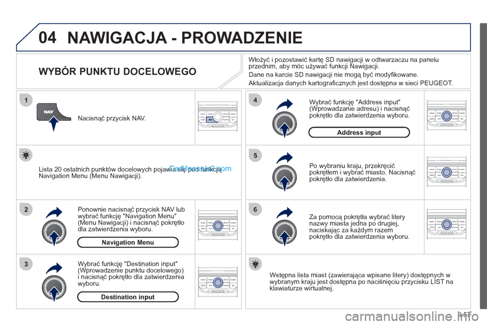 Peugeot Expert VU 2012 Instrukcja Obsługi (in Polish) 9.57
04
1
2
3
5
6
4
NAWIGACJA - PROWADZENIE
WYBÓR PUNKTU DOCELOWEGO
Ponownie nacisnąć przycisk NAV lub
wybrać funkcję "Navigation Menu"(Menu Nawigacji) i nacisnąć Peugeot Expert VU 2012 Instrukcja Obsługi (in Polish) 9.57
04
1
2
3
5
6
4
NAWIGACJA - PROWADZENIE
WYBÓR PUNKTU DOCELOWEGO
Ponownie nacisnąć przycisk NAV lub
wybrać funkcję "Navigation Menu"(Menu Nawigacji) i nacisnąć
