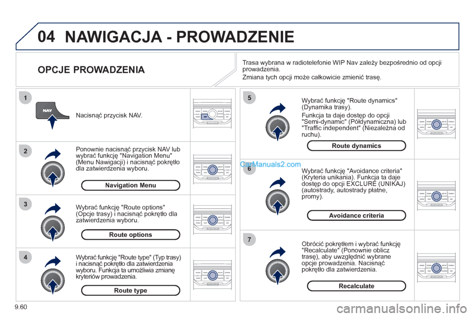 Peugeot Expert VU 2012 Instrukcja Obsługi (in Polish) 9.60
04
4
3
2
1
7
6
5
NAWIGACJA - PROWADZENIE
OPCJE PROWADZENIA
Wybrać funkcję "Route dynamics"(Dynamika trasy).
Funkcja ta daje dostęp do opcji "Semi-dynamic" (Półdynamiczna) lub"Tr Peugeot Expert VU 2012 Instrukcja Obsługi (in Polish) 9.60
04
4
3
2
1
7
6
5
NAWIGACJA - PROWADZENIE
OPCJE PROWADZENIA
Wybrać funkcję "Route dynamics"(Dynamika trasy).
Funkcja ta daje dostęp do opcji "Semi-dynamic" (Półdynamiczna) lub"Tr