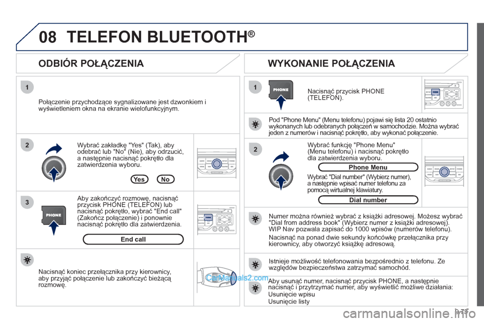 Peugeot Expert VU 2012 Instrukcja Obsługi (in Polish) 9.73
08
1
3 2
2 1Wybrać zakładkę "Yes" (Ta k), aby
odebrać lub "No" (Nie), aby odrzucić, a następnie nacisnąć pokrętło dla zatwierdzenia wyboru.
ODBIÓR POŁĄCZENIA
WYKONANIE POŁĄ Peugeot Expert VU 2012 Instrukcja Obsługi (in Polish) 9.73
08
1
3 2
2 1Wybrać zakładkę "Yes" (Ta k), aby
odebrać lub "No" (Nie), aby odrzucić, a następnie nacisnąć pokrętło dla zatwierdzenia wyboru.
ODBIÓR POŁĄCZENIA
WYKONANIE POŁĄ