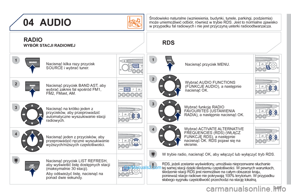 Peugeot Expert VU 2012 Instrukcja Obsługi (in Polish) 9.89
04
1
2
3
4
1
2
3
4
SOURCE
BANDAST
LISTREFRESH
MENU
AUDIO
Nacisnąć kilka razy przyciskSOURCE i wybrać tuner.
Nacisnąć przycisk BAND A
ST, aby
wybrać zakres fal spośród FM1,
F Peugeot Expert VU 2012 Instrukcja Obsługi (in Polish) 9.89
04
1
2
3
4
1
2
3
4
SOURCE
BANDAST
LISTREFRESH
MENU
AUDIO
Nacisnąć kilka razy przyciskSOURCE i wybrać tuner.
Nacisnąć przycisk BAND A
ST, aby
wybrać zakres fal spośród FM1,
F