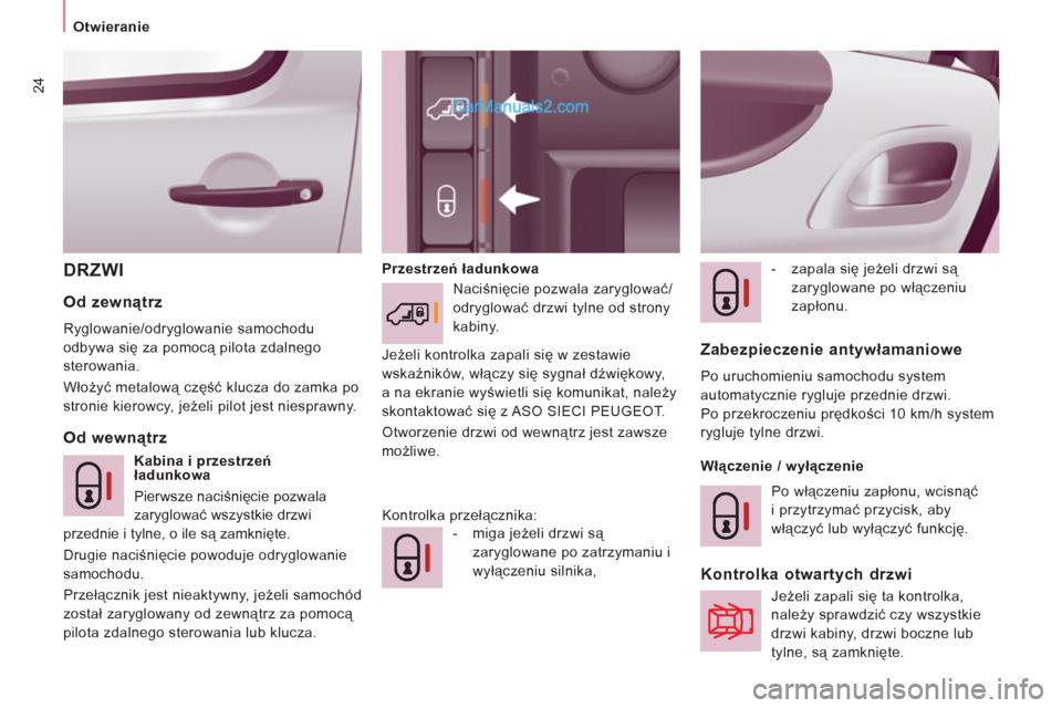 Peugeot Expert VU 2012  Instrukcja Obsługi (in Polish) 24
Otwieranie
DRZWI    
Przestrzeń ładunkowa  
 
-  zapala się jeżeli drzwi są 
zaryglowane po włączeniu 
zapłonu.  
 
 
 
 
Od wewnątrz     
Od zewnątrz 
 
Ryglowanie/odryglowanie samochodu