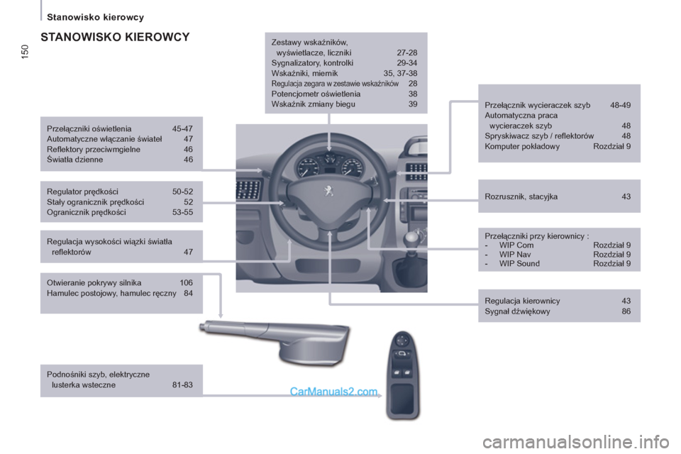 Peugeot Expert VU 2012 Instrukcja Obsługi (in Polish) 150
Stanowisko kierowcy
Regulacja wysokości wiązki światła
refl ektorów 47
Rozrusznik, stacyjka 43
Przełącznik wycieraczek szyb 48-49
Automatyczna praca
wycieraczek sz Peugeot Expert VU 2012 Instrukcja Obsługi (in Polish) 150
Stanowisko kierowcy
Regulacja wysokości wiązki światła
refl ektorów 47
Rozrusznik, stacyjka 43
Przełącznik wycieraczek szyb 48-49
Automatyczna praca
wycieraczek sz