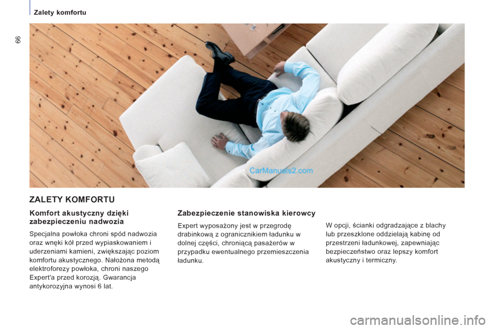 Peugeot Expert VU 2012  Instrukcja Obsługi (in Polish) 66
Zalety komfortu 
  ZALETY KOMFORTU 
Zabezpieczenie stanowiska kierowcy
Expert wyposażony jest w przegrodę
drabinkową z ogranicznikiem ładunku w 
dolnej czę
ści, chroniącą pasażerów w 
prz