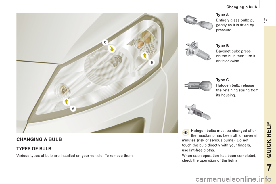 Peugeot Expert VU 2011  Owners Manual  12
1
   
 
Changing a bulb  
 
QUICK HELP
7
 
CHANGING A BULB
 
 
Type A  
  Entirely glass bulb: pull 
gently as it is fitted by 
pressure. 
   
Type B  
  Bayonet bulb: press 
on the bulb then turn