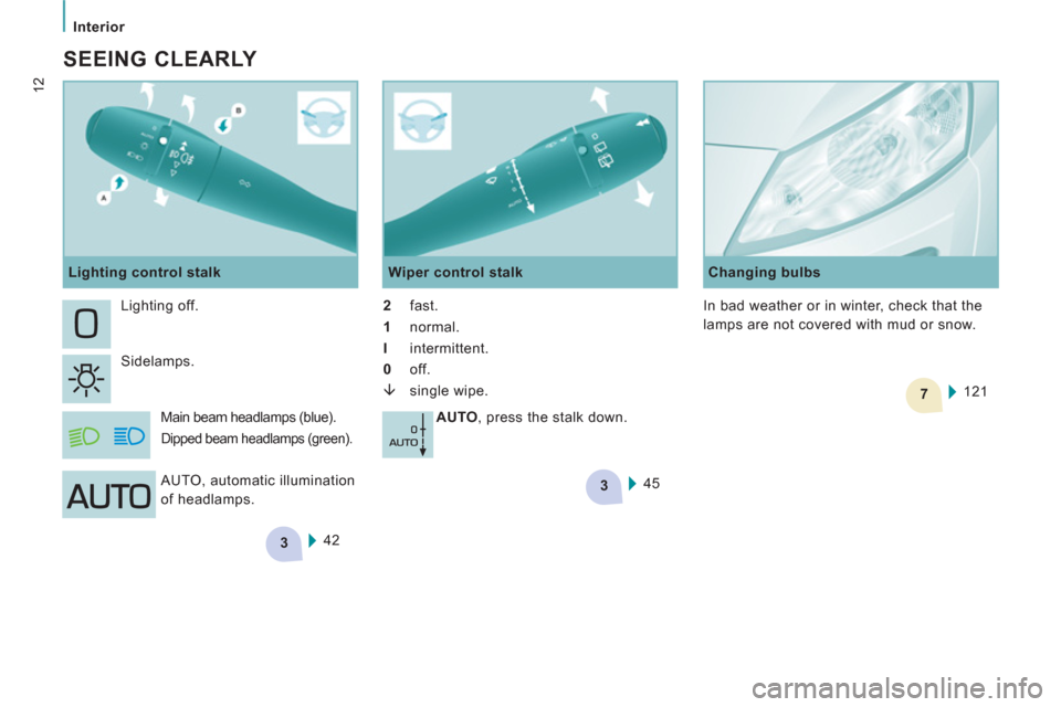Peugeot Expert VU 2011 User Guide 3
3
7
   
 
 
 
 
Interior  
 
 
12
 
 
SEEING CLEARLY 
 
42     Lighting off. 
  Sidelamps. 
  Main beam headlamps (blue).  
Dipped beam headlamps (green). 
 
 
Wiper control stalk 
   
2  
fast.  
 