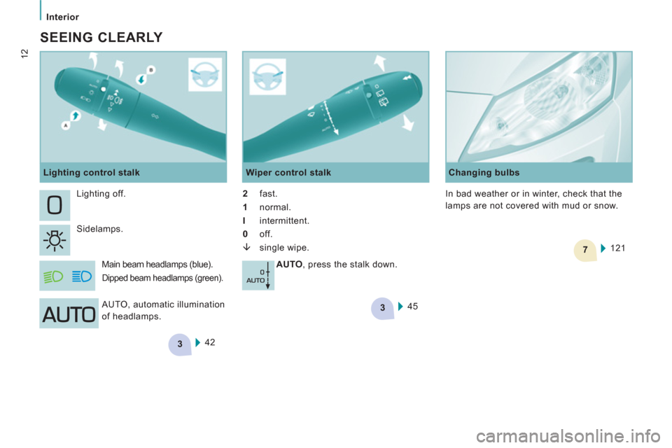 Peugeot Expert VU 2011  Owners Manual 3
3
7
   
 
 
 
 
Interior  
 
 
12
 
 
SEEING CLEARLY 
 
42     Lighting off. 
  Sidelamps. 
  Main beam headlamps (blue).  
Dipped beam headlamps (green). 
 
 
Wiper control stalk 
   
2  
fast.  
 