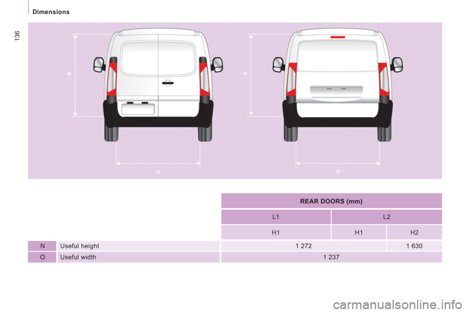 Peugeot Expert VU 2011  Owners Manual 136
   
 
Dimensions  
 
   
 
REAR DOORS (mm)  
 
   
L1    
L2  
   
H1    
H1    
H2  
   
N   Useful height    
1 272    
1 630  
   
O   Useful width  
 
1 237   