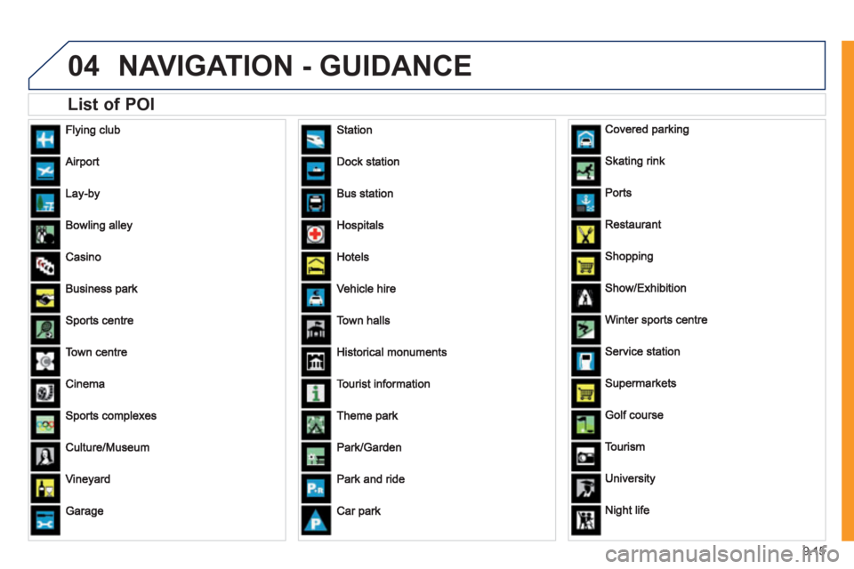 Peugeot Expert VU 2011  Owners Manual 9.15
04NAVIGATION - GUIDANCE 
   
List of POI  