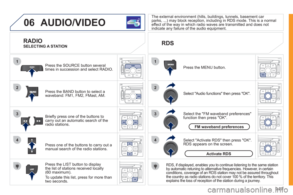 Peugeot Expert VU 2011 Owners Manual 9.23
06
1
2
4
3
1
2
4
3
AUDIO/VIDEO
RADIO
Press the BAND button to select awaveband: FM1, FM2, FMast, AM. Pr
ess the SOURCE button several
times in succession and select RADIO.
Press the LIST Peugeot Expert VU 2011 Owners Manual 9.23
06
1
2
4
3
1
2
4
3
AUDIO/VIDEO
RADIO
Press the BAND button to select awaveband: FM1, FM2, FMast, AM. Pr
ess the SOURCE button several
times in succession and select RADIO.
Press the LIST