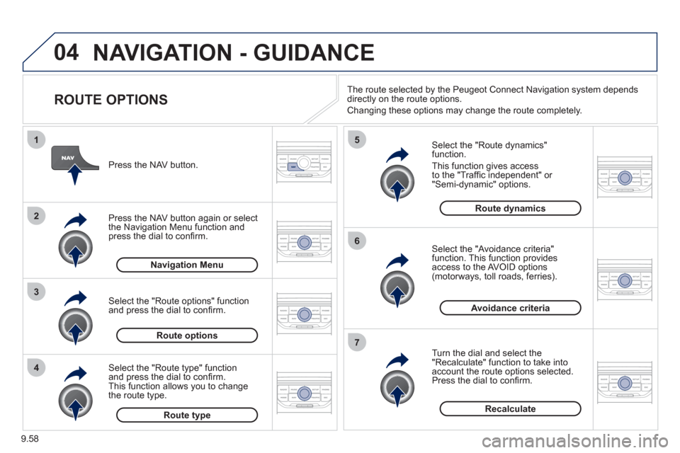 Peugeot Expert VU 2011 User Guide 9.58
04
4
3
2
1
7
6
5
NAVIGATION - GUIDANCE
ROUTE OPTIONS
Select the "Route dynamics"function.
This
function gives access
to the "Traffi c independent" or "Semi-dynamic" options.
Sel Peugeot Expert VU 2011 User Guide 9.58
04
4
3
2
1
7
6
5
NAVIGATION - GUIDANCE
ROUTE OPTIONS
Select the "Route dynamics"function.
This
function gives access
to the "Traffi c independent" or "Semi-dynamic" options.
Sel