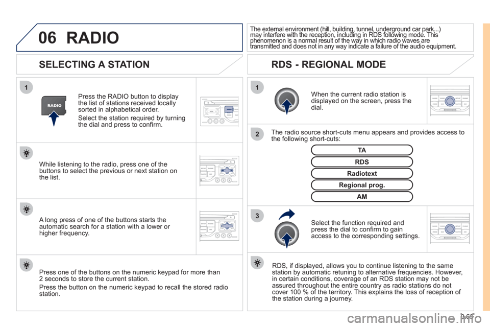 Peugeot Expert VU 2011 Owners Manual 9.65
06
3 2 1 1
SELECTING A STATION
When the current radio station isdisplayed on the screen, press thedial.
The radio source short-cuts menu appears and provides access to
t Peugeot Expert VU 2011 Owners Manual 9.65
06
3 2 1 1
SELECTING A STATION
When the current radio station isdisplayed on the screen, press thedial.
The radio source short-cuts menu appears and provides access to
t