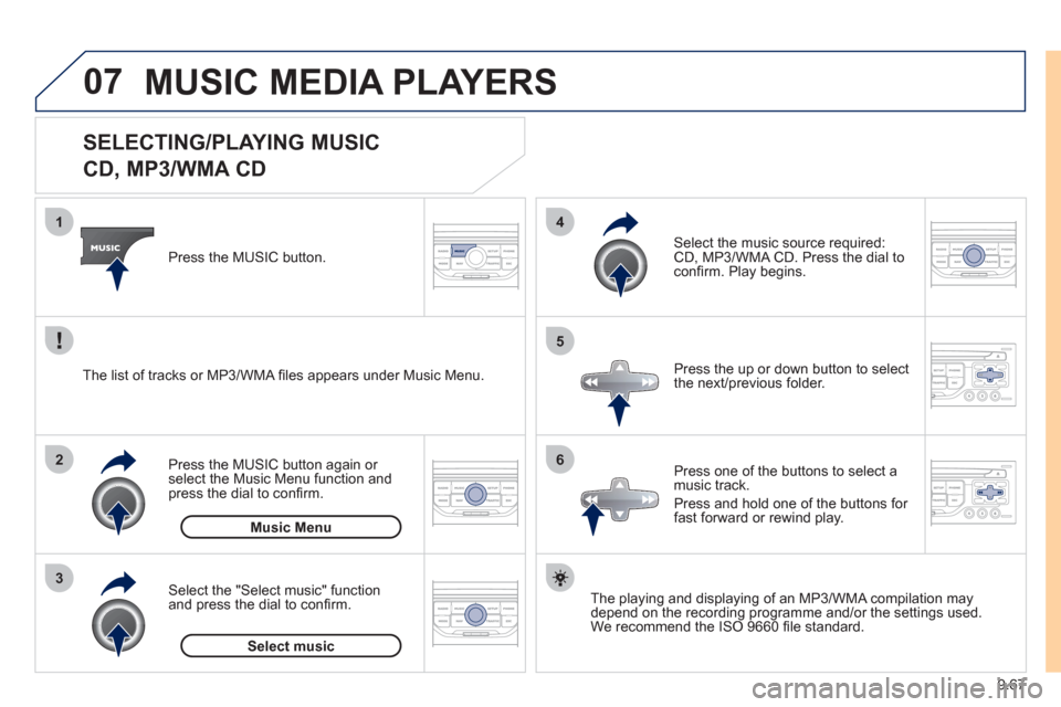 Peugeot Expert VU 2011 Owners Manual 9.67
07
3 2 1
6
4
5
SELECTING/PLAYING MUSIC
CD, MP3/WMA CD
The playing and displaying of an MP3/WMA compilation may
depend on the recording programme and/or the settings u Peugeot Expert VU 2011 Owners Manual 9.67
07
3 2 1
6
4
5
SELECTING/PLAYING MUSIC
CD, MP3/WMA CD
The playing and displaying of an MP3/WMA compilation may
depend on the recording programme and/or the settings u