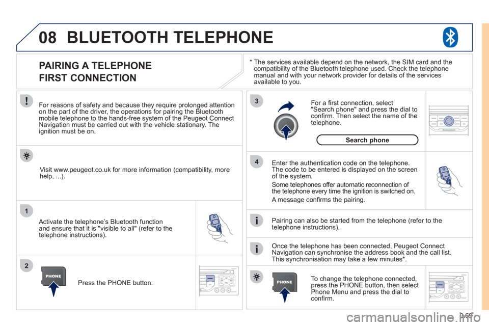 Peugeot Expert VU 2011 User Guide 9.69
08
1
2
3
4
BLUETOOTH TELEPHONE
*
The services available depend on the network, the SIM card and thecompatibility of the Bluetooth telephone used. Check the telephone
manual and with your n Peugeot Expert VU 2011 User Guide 9.69
08
1
2
3
4
BLUETOOTH TELEPHONE
*
The services available depend on the network, the SIM card and thecompatibility of the Bluetooth telephone used. Check the telephone
manual and with your n