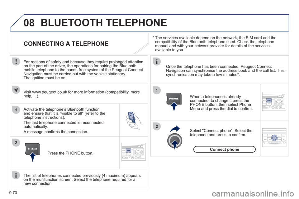 Peugeot Expert VU 2011 User Guide 9.70
08
1
2
2
1
*
The services available depend on the network, the SIM card and the compatibility of the Bluetooth telephone used. Check the telephone manual and with your network provider fo Peugeot Expert VU 2011 User Guide 9.70
08
1
2
2
1
*
The services available depend on the network, the SIM card and the compatibility of the Bluetooth telephone used. Check the telephone manual and with your network provider fo
