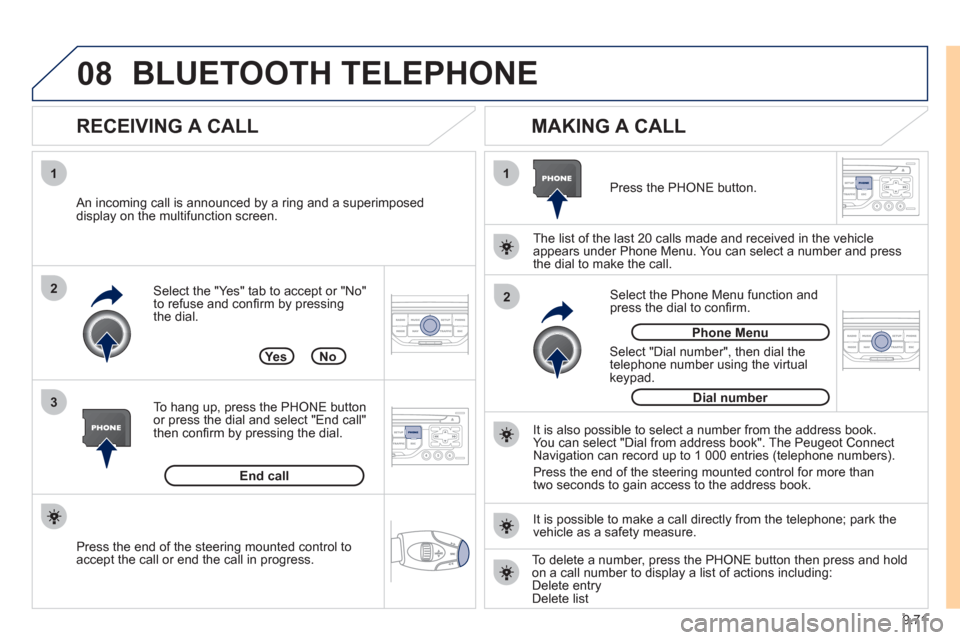 Peugeot Expert VU 2011 Owners Manual 9.71
08
1
3 2
2 1Select the "Yes" tab to accept or "No"
to refuse and confi rm by pressing
the dial.
RECEIVING A CALL
MAKING A CALL
An incoming call is announced by a ring and a superim Peugeot Expert VU 2011 Owners Manual 9.71
08
1
3 2
2 1Select the "Yes" tab to accept or "No"
to refuse and confi rm by pressing
the dial.
RECEIVING A CALL
MAKING A CALL
An incoming call is announced by a ring and a superim