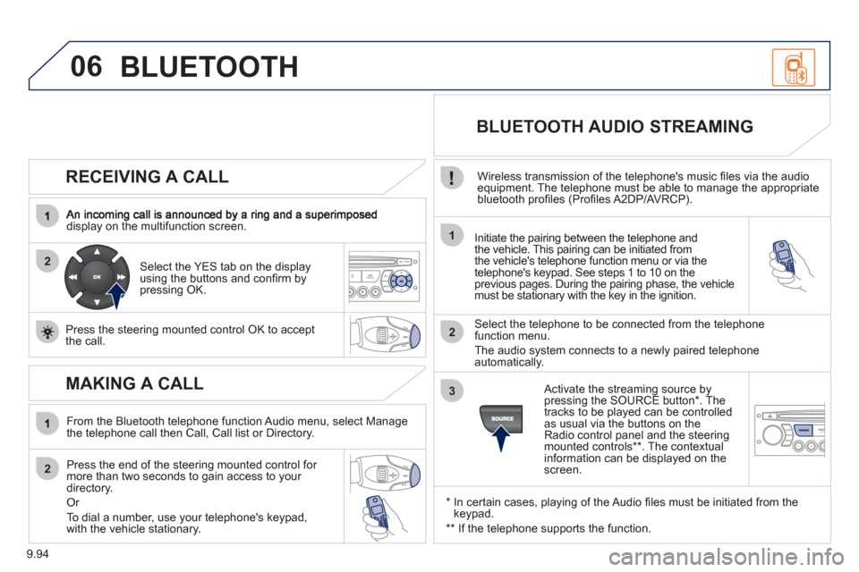 Peugeot Expert VU 2011 Owners Manual 9.94
06
2
1
2
2
3
RECEIVING A CALL
display on the multifunction screen.Initiate the pairing between the telephone and
the vehicle. This pairing can be initiated from
the vehicles telephone func Peugeot Expert VU 2011 Owners Manual 9.94
06
2
1
2
2
3
RECEIVING A CALL
display on the multifunction screen.Initiate the pairing between the telephone and
the vehicle. This pairing can be initiated from
the vehicles telephone func
