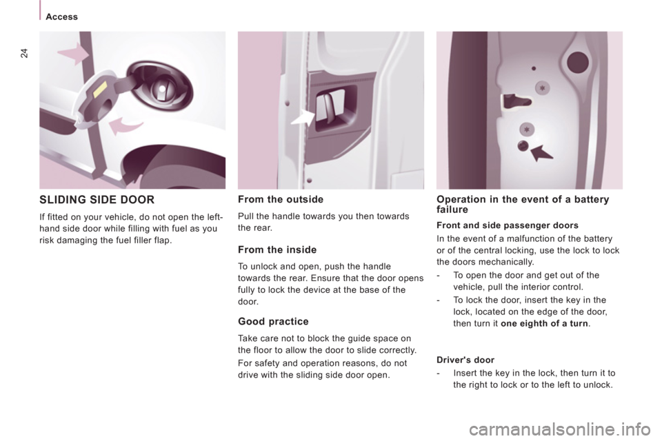 Peugeot Expert VU 2011 Owners Guide 24
Access
SLIDING SIDE DOOR
If fitted on your vehicle, do not open the left-
hand side door while filling with fuel as you
risk damaging the fuel filler flap.
From the outside
Pull th Peugeot Expert VU 2011 Owners Guide 24
Access
SLIDING SIDE DOOR
If fitted on your vehicle, do not open the left-
hand side door while filling with fuel as you
risk damaging the fuel filler flap.
From the outside
Pull th