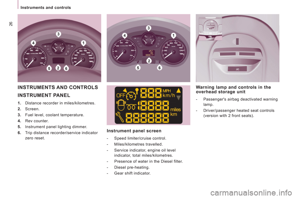 Peugeot Expert VU 2011 Owners Guide 26
Instruments and controls
INSTRUMENT PANEL
1.
Distance recorder in miles/kilometres.
2.
Screen.
3.
Fuel level, coolant temperature.
4.
Rev counter.
5. Peugeot Expert VU 2011 Owners Guide 26
Instruments and controls
INSTRUMENT PANEL
1.
Distance recorder in miles/kilometres.
2.
Screen.
3.
Fuel level, coolant temperature.
4.
Rev counter.
5.