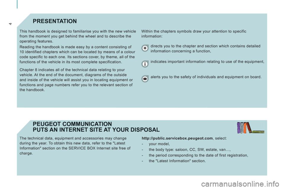 Peugeot Expert VU 2011  Owners Manual 4PRESENTATION
  Within the chapters symbols draw your attention to specific 
information:    This handbook is designed to familiarise you with the new vehicle 
from the moment you get behind the wheel