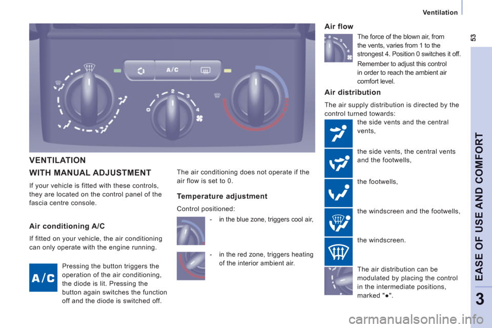 Peugeot Expert VU 2011 Workshop Manual Ventilation
EASE OF USE AND COMFOR
T
3
WITH MANUAL ADJUSTMENT
If your vehicle is fitted with these controls,
the
y are located on the control panel of the
fascia centre console.
Air distribu Peugeot Expert VU 2011 Workshop Manual Ventilation
EASE OF USE AND COMFOR
T
3
WITH MANUAL ADJUSTMENT
If your vehicle is fitted with these controls,
the
y are located on the control panel of the
fascia centre console.
Air distribu
