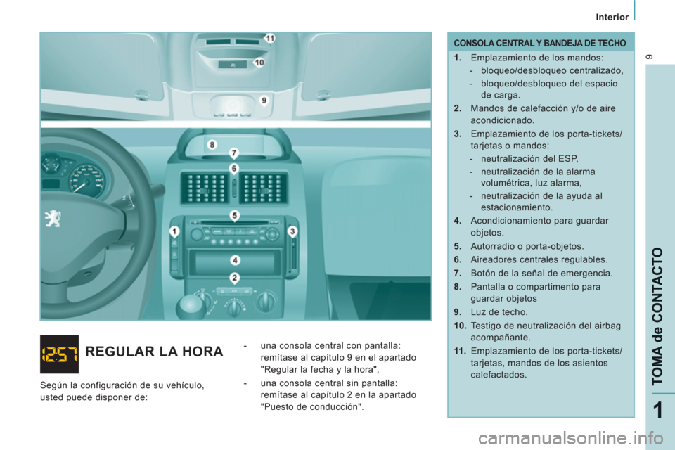 Peugeot Expert VU 2011  Manual del propietario (in Spanish) 9
   
 
Interior 
 
 
TOMA de CONTACTO
1
 
 
CONSOLA CENTRAL Y BANDEJA DE TECHO 
 
 
 
1. 
  Emplazamiento de los mandos: 
   
 
-  bloqueo/desbloqueo centralizado, 
   
-   bloqueo/desbloqueo del esp
