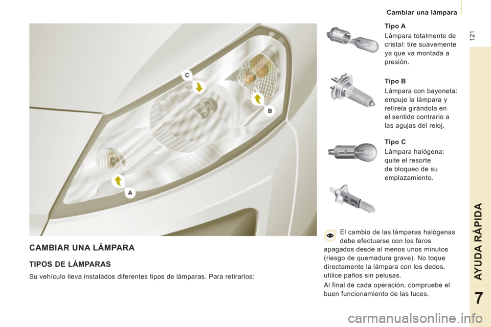 Peugeot Expert VU 2011 Manual del propietario (in Spanish) 12
1
Cambiar una lámpara
AYUDA RÁPIDA
7
CAMBIAR UNA LÁMPARA
Tipo A
Lámpara totalmente de
cristal: tire suavemente
ya que va montada a
presión.
Tipo B
Lámpara co Peugeot Expert VU 2011 Manual del propietario (in Spanish) 12
1
Cambiar una lámpara
AYUDA RÁPIDA
7
CAMBIAR UNA LÁMPARA
Tipo A
Lámpara totalmente de
cristal: tire suavemente
ya que va montada a
presión.
Tipo B
Lámpara co