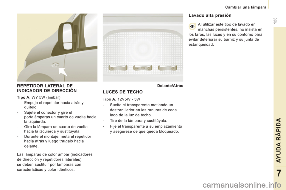 Peugeot Expert VU 2011 Manual del propietario (in Spanish) 12
3
Cambiar una lámpara
AYUDA RÁPIDA
7
REPETIDOR LATERAL DE
INDICADOR DE DIRECCIÓN
Tipo A
, WY 5W (ámbar)
- Empuje el repetidor hacia atrás y
quítelo.
- S Peugeot Expert VU 2011 Manual del propietario (in Spanish) 12
3
Cambiar una lámpara
AYUDA RÁPIDA
7
REPETIDOR LATERAL DE
INDICADOR DE DIRECCIÓN
Tipo A
, WY 5W (ámbar)
- Empuje el repetidor hacia atrás y
quítelo.
- S