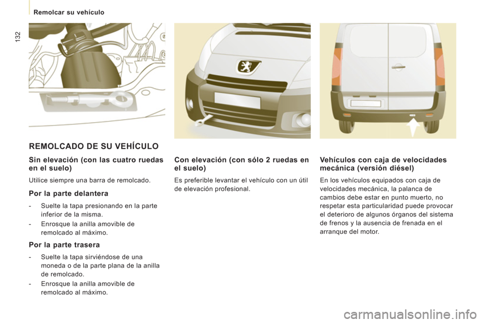 Peugeot Expert VU 2011  Manual del propietario (in Spanish) 132
   
 
Remolcar su vehículo  
 
 
 
Sin elevación (con las cuatro ruedas 
en el suelo) 
  Utilice siempre una barra de remolcado.  
 
 
Por la parte delantera 
 
 
 
-   Suelte la tapa presionand